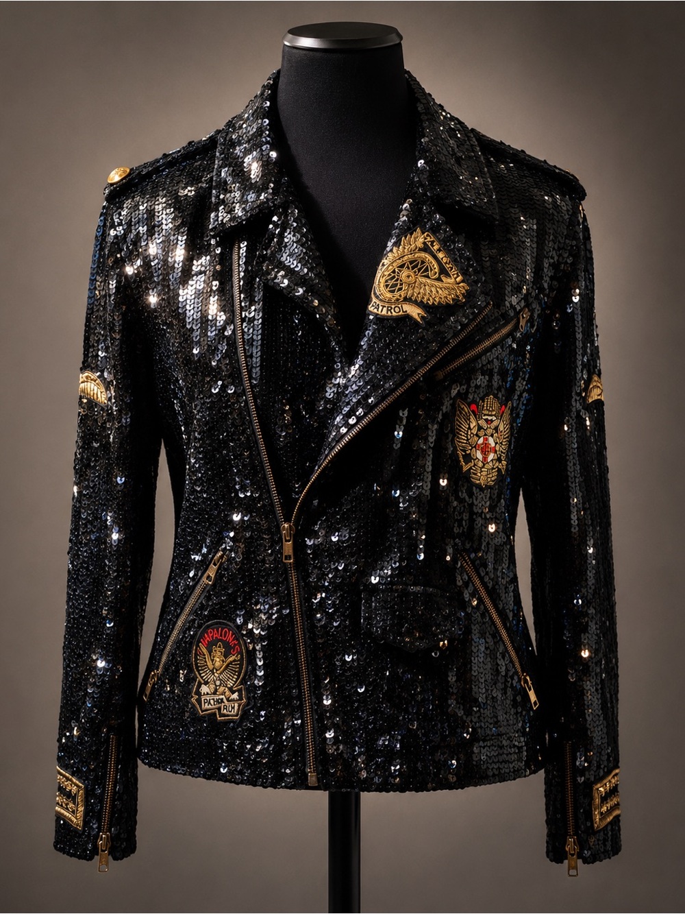 Sequined Black Bomber Jacket with Golden Wing Embroidery
